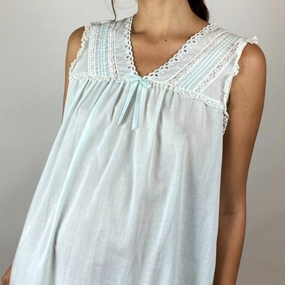 Vintage Baby Blue Cotton Lace Nightgown Slip Dress - Picture 8 of 10